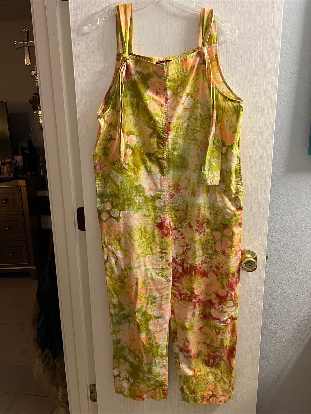 Tie-Dye Floral Wide-Strap Jumpsuit in Green & Pink